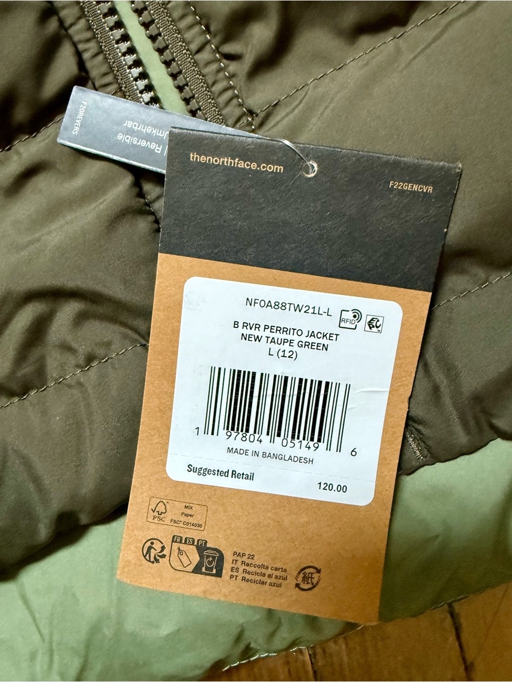 The North Face Kids Reversible Olive Green Puffer Jacket with Hood, L (12) - Picture 4 of 4